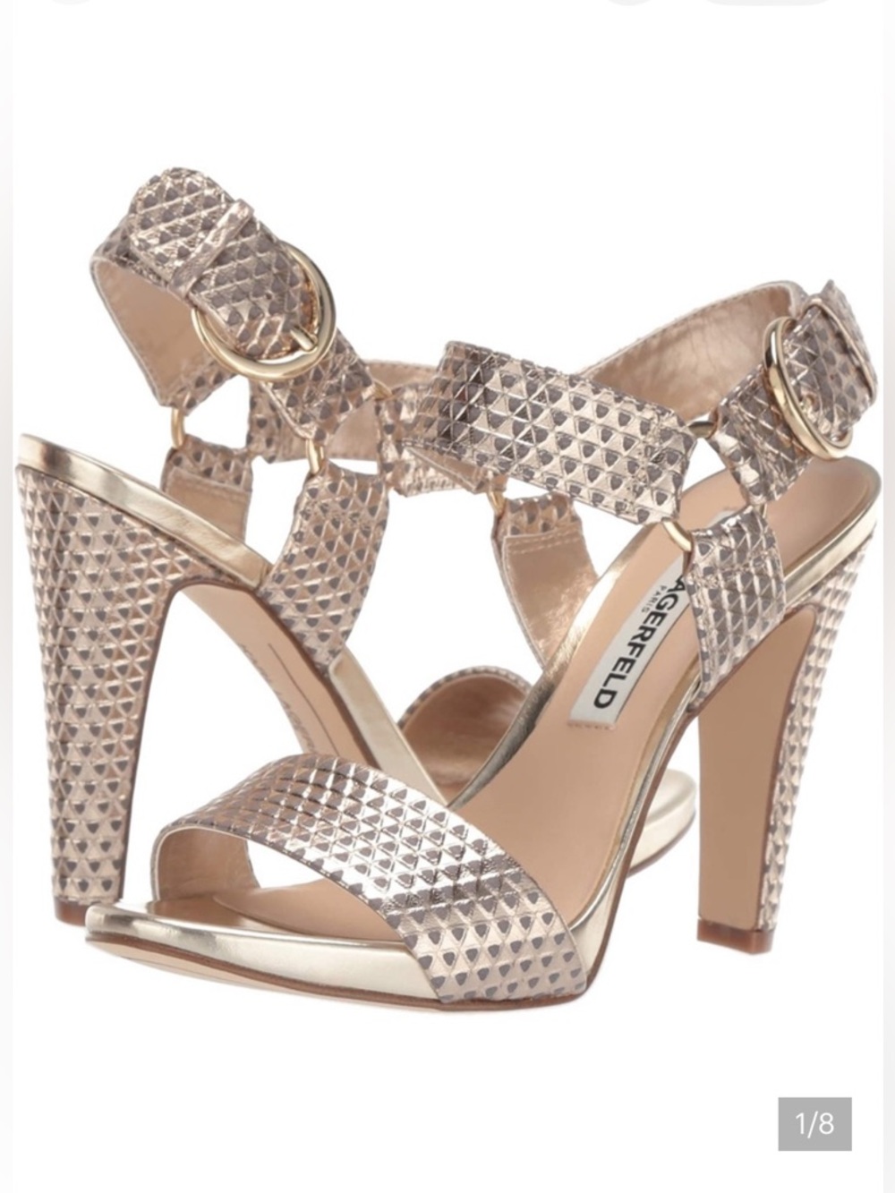 Karl Lagerfeld Cieone Champagne Gold Textured Strappy High Heel Leather Sandals